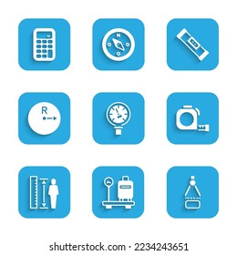 Set Pressure water meter, Scale with suitcase, Drawing compass, Roulette construction, Measuring height body, Radius, Construction bubble level and Calculator icon. Vector