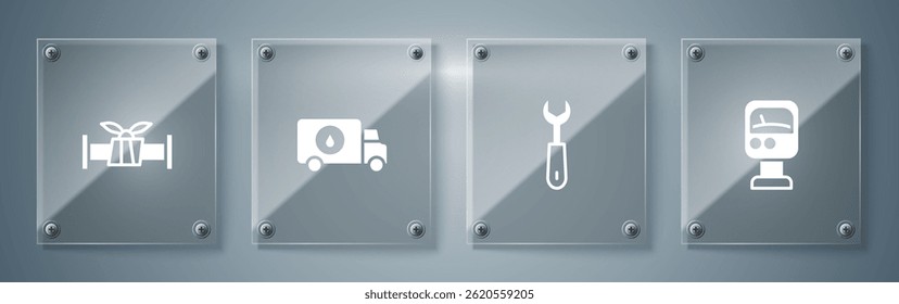 Set Pressure water meter, Wrench spanner, Plumber service car and Industry metallic pipe. Square glass panels. Vector