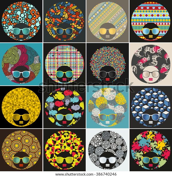 Set Pretty Abstract Faces Black Women Royalty Free Stock Image
