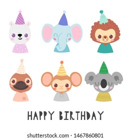 Set pretty  animal avatars in party hats. Happy birthday animal baby heads and shoulders vector illustration for baby card, poster, invitation. Polar bear, elephant, hedgehog, duckbill, monkey, koala