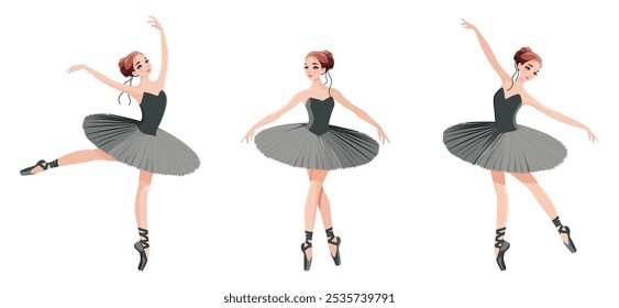 Set of pretty ballerina in black dress dancing on white background. Vector illustration in flat cartoon style