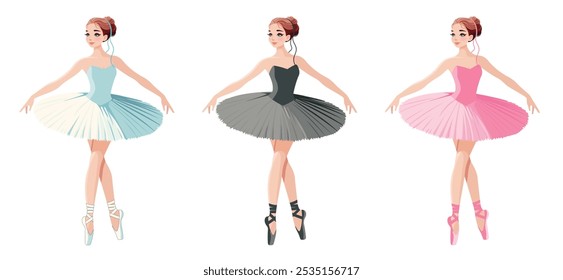 Set of pretty ballerina in different dress dancing on white background. Vector illustration on white background