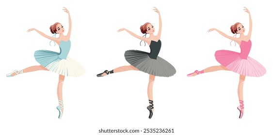 Set of pretty ballerina in different dress dancing on white background. Vector illustration on white background