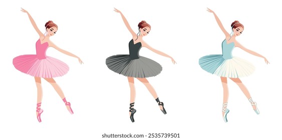 Set of pretty ballerina in different dress dancing on white background. Vector illustration in flat cartoon style