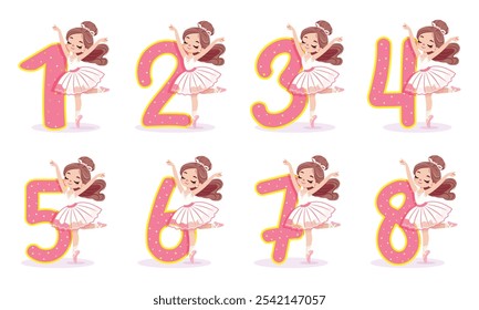 Conjunto con bonita chica bailarina en vestido blanco bailando con números sobre fondo blanco. Bailarina con número 1. Póster, Anuncio, Flyer, Tarjeta de felicitación. Ilustración vectorial en estilo plano de dibujos animados