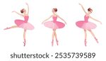 Set of pretty ballerina in pink dress dancing on white background. Vector illustration in flat cartoon style