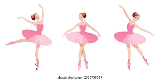 Set von hübscher Ballerina in rosafarbenem Kleid, die auf weißem Hintergrund tanzt. Vektorgrafik im flachen Cartoonstil