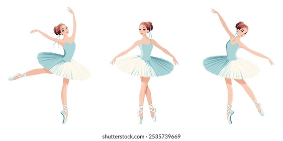 Conjunto de bailarina bonita en vestido blanco bailando sobre fondo blanco. Ilustración vectorial en estilo plano de dibujos animados