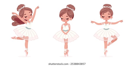 Conjunto de bailarina bonita en vestido blanco bailando sobre fondo blanco. Ilustración vectorial en estilo plano de dibujos animados