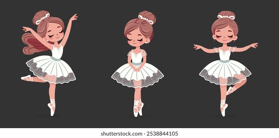 Conjunto de bailarina bonita en vestido blanco bailando sobre fondo oscuro. Ilustración vectorial en estilo plano de dibujos animados