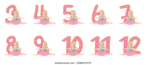 Set with pretty ballerinas girls in pink and blue dress doing the splits on white background. Vector illustration in flat cartoon style