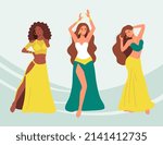 Set of pretty belly dancers women in dresses with long hairs. Professional arabian dance performance by young beautiful girls. Female sensuality body in turkish ethnicity costume. Isolated