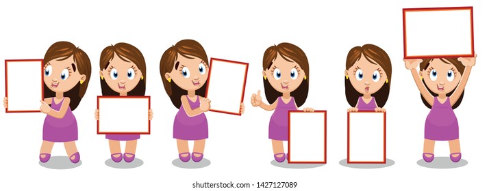 Set with pretty brunette woman standing with empty rectangle banners, whiteboards with red frame in different poses. Template, flyer, mockup, place for text, copy space. Cartoon isolated on white.