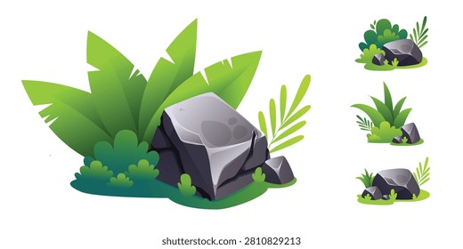 Set of pretty bush illustration. Rocks and green bush set isolated on white background