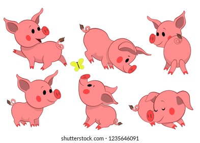 Set of pretty cartoon piggies. Vector illustration isolated on white background