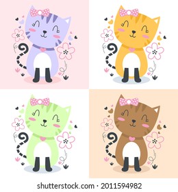 Set of pretty cat line art character cartoon illustration flat design concept