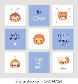 Set of pretty children cards with animal heads and cute quotes. Vector illustration of different posters, invitations for boys.  Can be used for baby shower, birthday, party