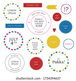 Set of pretty decorative retro round seals badges stamps with copy space. Heart symbol circles rectangles shapes. Award ribbons packaging add ons. Editable stylish timeless red gold yellow bright blue