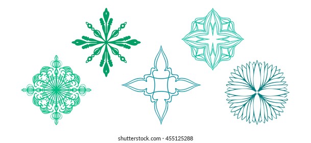 set of pretty design elements, flower, star, snowflake, diamond, cross and other symmetrical patterns