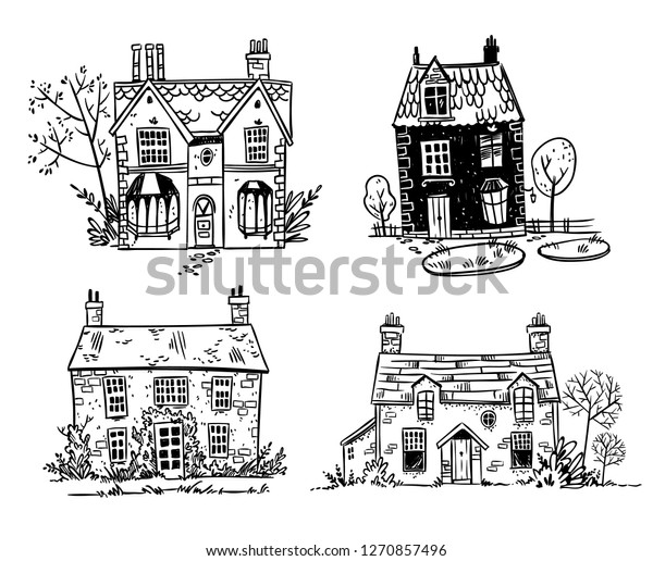 Vector De Stock Libre De Regalias Sobre Conjunto De Bonitas Cabanas Inglesas Dibujo1270857496