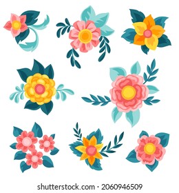 Set von hübschen Blumen. Schöne dekorative natürliche Knospen und Blätter.