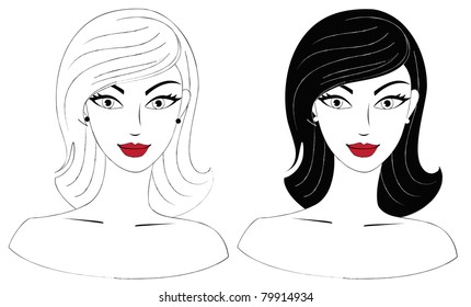 Set of pretty freehand style image of black and white women