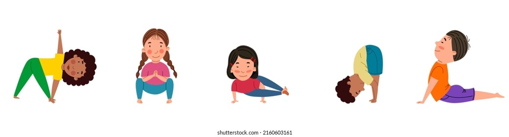 A set of pretty girls and boys of different nationalities are engaged in yoga. Yoga for children.