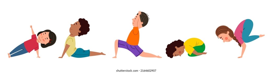 A set of pretty girls and boys of different nationalities are engaged in yoga. Yoga for children.