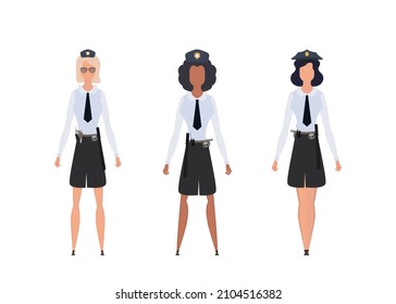 Set Pretty girls police officer in uniform. Vector illustration. Isolated over white background.