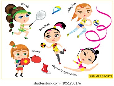 Set of pretty girls. Summer sports. Vector illustration