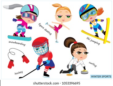 A set of pretty girls. Winter sports. Vector illustration