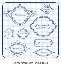 Set of pretty hand-drawn labels. Stickers and frame for party and invitation design.
