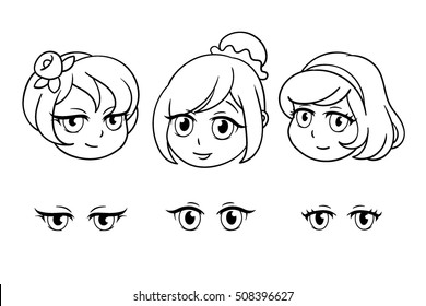 Set of pretty heads in anime style. Portrait of  three girls. Beautiful faces.