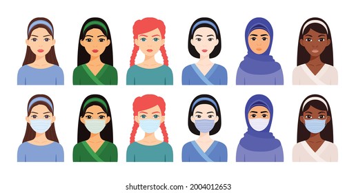 Set of Pretty Isolated Girls Without a Surgical Mask. Avatar of a Young Female Nurse with a Medical mask on Face. Health and safety. Flat Cartoon Color Style. White background. Vector illustration.