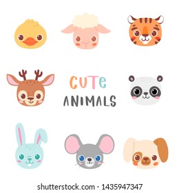 Set of pretty little animal avatars. Cute animal baby heads vector illustration for baby card, poster and invitation. Duck, sheep, tiger, deer, panda, rabbit, mouse, dog