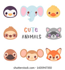 Set of pretty little animal avatars. Cute animal baby heads vector illustration for baby card, poster and invitation. Penguin, elephant, duck, sloth, raccoon, fox, monkey,  duckbill