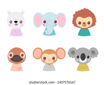 Set of pretty little animal avatars. Cute animal baby heads with shoulders vector illustration for baby card, poster and invitation. Polar bear, elephant, hedgehog, duckbill, monkey, koala