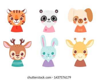 Set of pretty little animal avatars. Cute animal baby heads with shoulders vector illustration for baby card, poster and invitation. Tiger, panda, dog, deer, bunny, giraffe