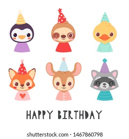 Set pretty little animal avatars in party hats. Happy birthday cute animal baby heads with shoulders vector illustration for baby card, poster and invitation. Penguin, sloth, duck, fox, deer, raccoon