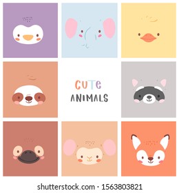 Set of pretty little animal avatars. Cute animal baby heads vector illustration for baby card, poster and invitation. Penguin, elephant, duck, sloth, raccoon, fox, monkey,  duckbill