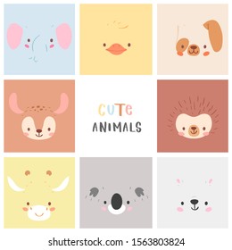 Set of pretty little animal avatars. Cute animal baby heads vector illustration for baby card, poster and invitation. Elephant, duck, dog, hedgehog, deer, giraffe, koala, polar bear