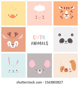 Set of pretty little animal avatars. Cute animal baby heads vector illustration for baby card, poster and invitation. Duck, sheep, tiger, deer, panda, rabbit, mouse, dog