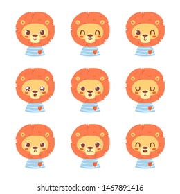 Set of pretty little animal emoji avatars. Cute baby lion emoticon heads with different faces: happy, sad, laugh, cry, funny, angry.  Vector illustration for baby card, poster and invitation. 