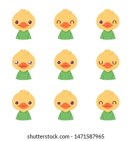 Set of pretty little animal emoji avatars. Cute baby duck emoticon heads with different faces: happy, sad, laugh, cry, funny, angry.  Vector illustration for baby card, poster and invitation. 