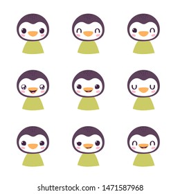 Set of pretty little animal emoji avatars. Cute baby penguin emoticon heads with different faces: happy, sad, laugh, cry, funny, angry.  Vector illustration for baby card, poster and invitation. 