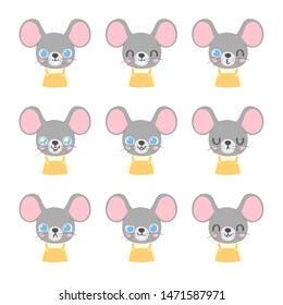 Set of pretty little animal emoji avatars. Cute baby mouse emoticon heads with different faces: happy, sad, laugh, cry, funny, angry.  Vector illustration for baby card, poster and invitation. 