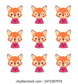 Set of pretty little animal emoji avatars. Cute baby fox emoticon heads with different faces: happy, sad, laugh, cry, funny, angry.  Vector illustration for baby card, poster and invitation. 