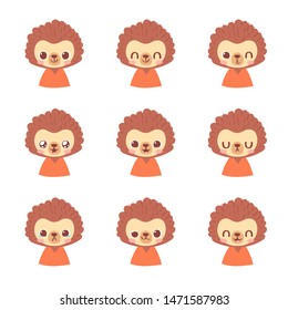 Set of pretty little animal emoji avatars. Cute baby hedgehog emoticon heads with different faces: happy, sad, laugh, cry, funny, angry.  Vector illustration for baby card, poster and invitation. 
