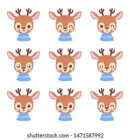 Set of pretty little animal emoji avatars. Cute baby deer emoticon heads with different faces: happy, sad, laugh, cry, funny, angry.  Vector illustration for baby card, poster and invitation. 