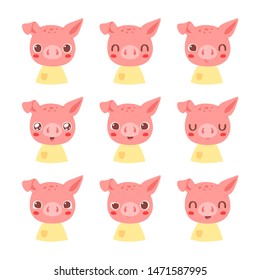 Set of pretty little animal emoji avatars. Cute baby pig emoticon heads with different faces: happy, sad, laugh, cry, funny, angry.  Vector illustration for baby card, poster and invitation. 